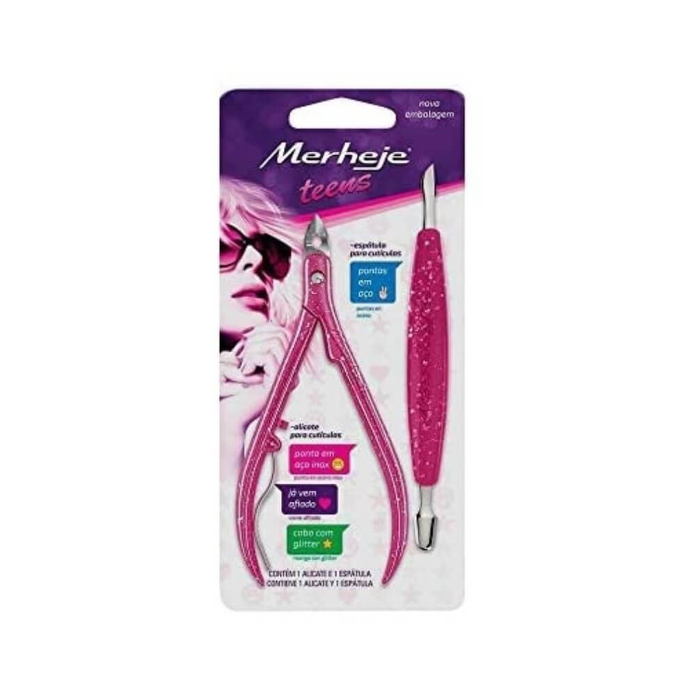 Alicate De Cutícula + Espátula Teens Cor Pink Merheje