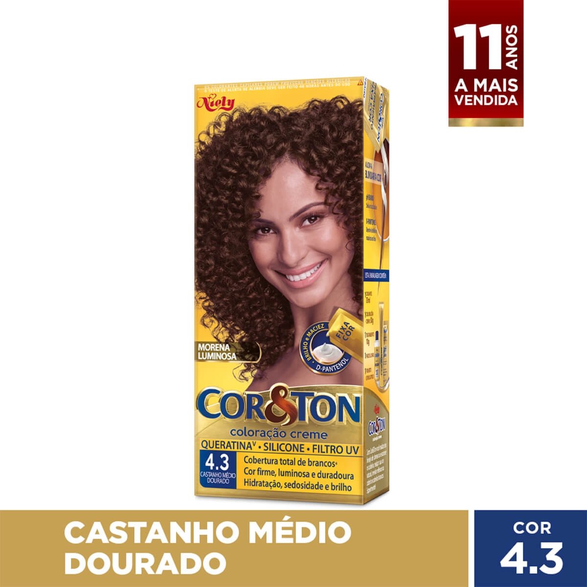 Kit Tintura Cor&Ton 4.3 Castanho Medio Dourado 180g -NIELY
