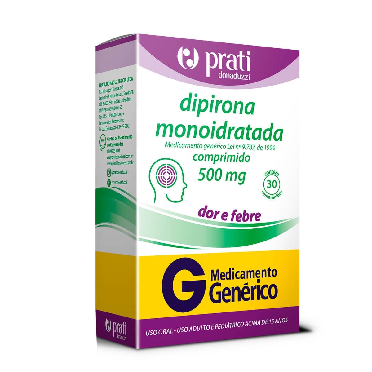 Dipirona Monoidratada 500mg 30 comprimidos Prati