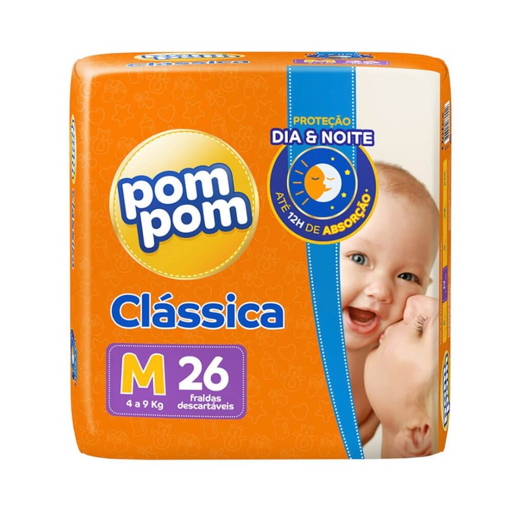 Fralda Descartável Infantil Clássica M Pompom Com 26Un