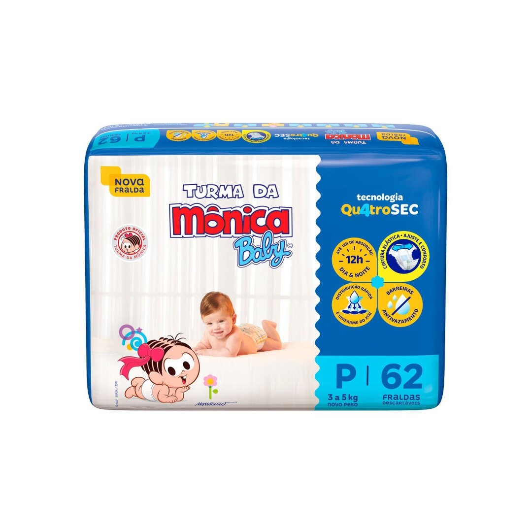 Fralda Descartável Turma Da Mônica Baby P Pacote 62 Unidades